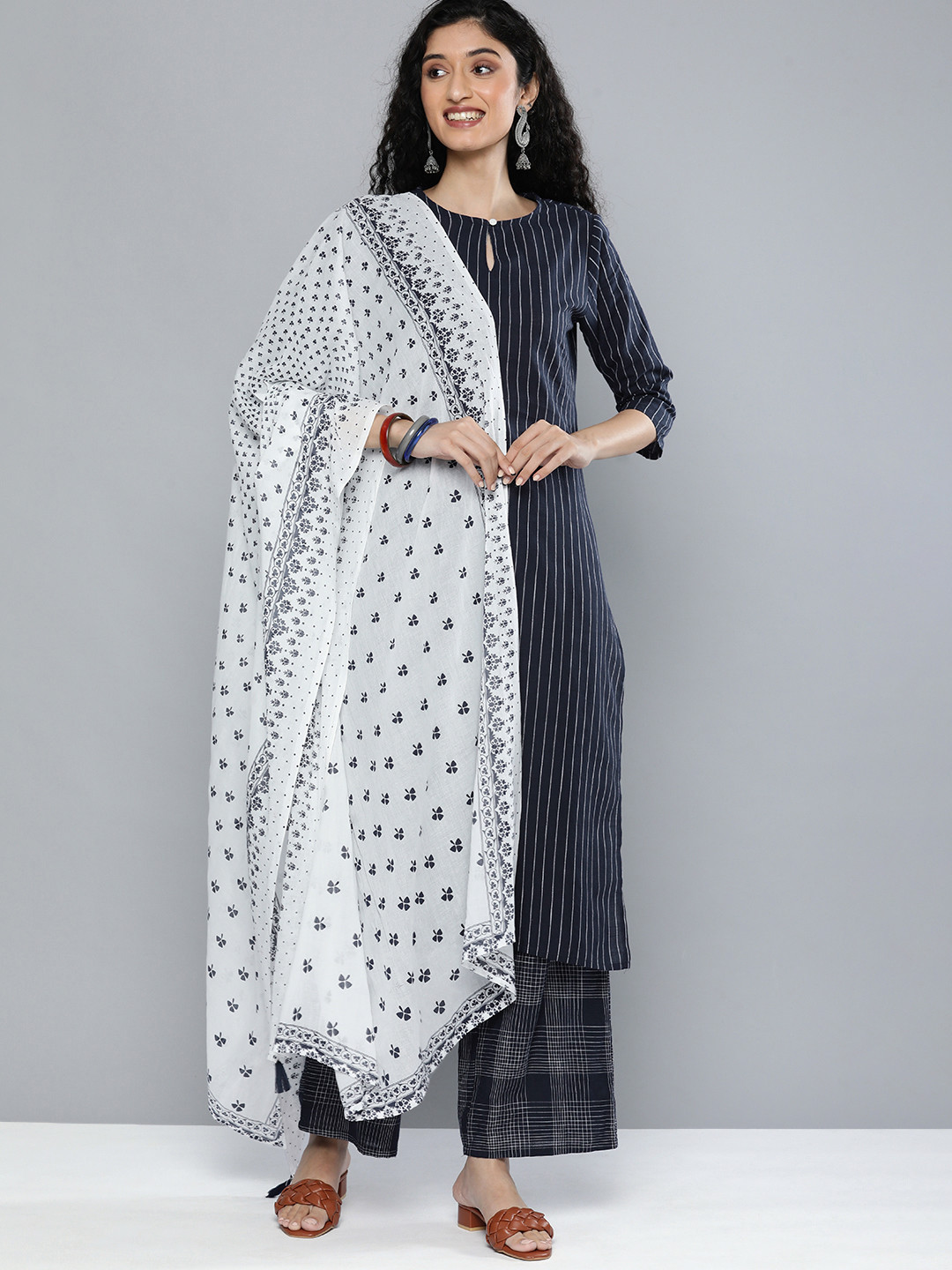 Vishudh Women Navy Blue Printed Pleated Pure Cotton Kurti with Palazzos & With Dupatta