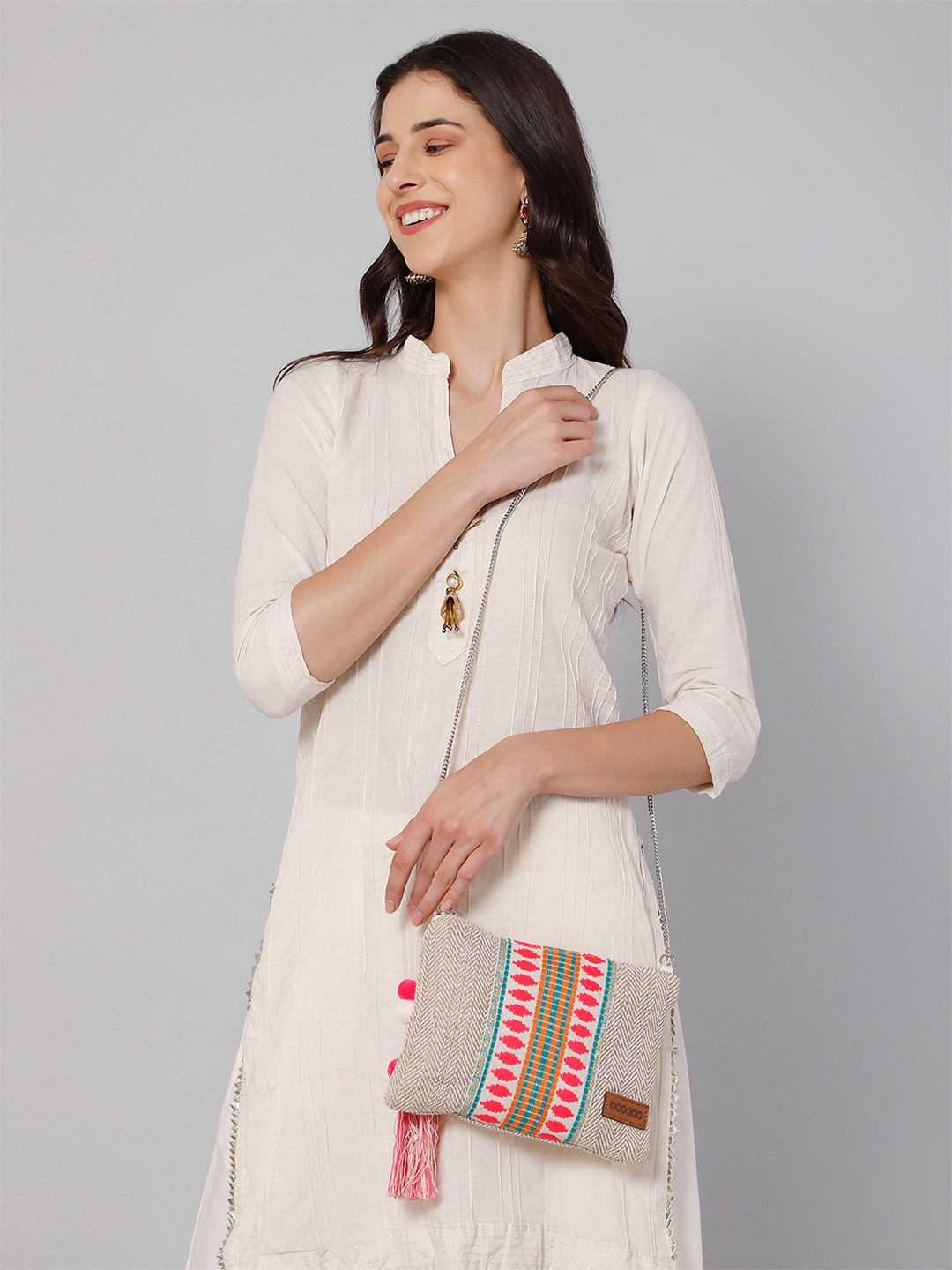 ASTRID Cream-Coloured & Pink Self Design Sling Bag