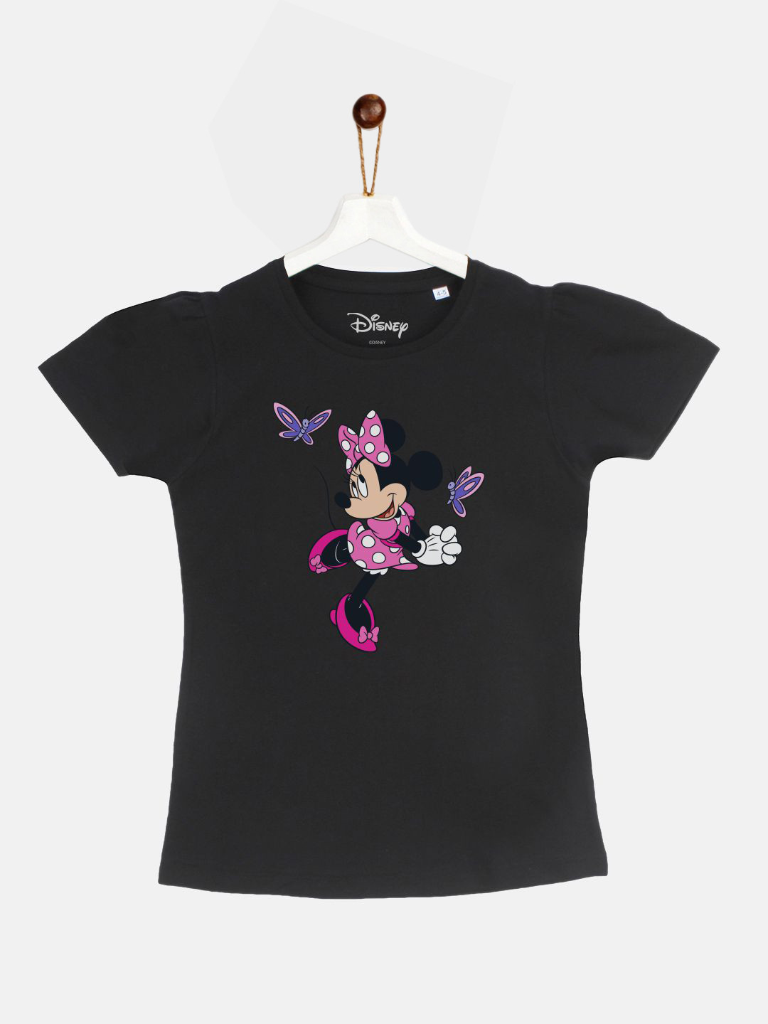 YK Disney Girls Black Minnie Mouse Printed Round Neck Cotton Pure Cotton T-shirt