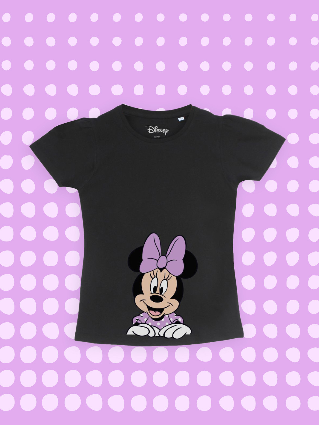 YK Disney Girls Black Minnie Mouse Print Round Neck Cotton  Pure Cotton T-shirt