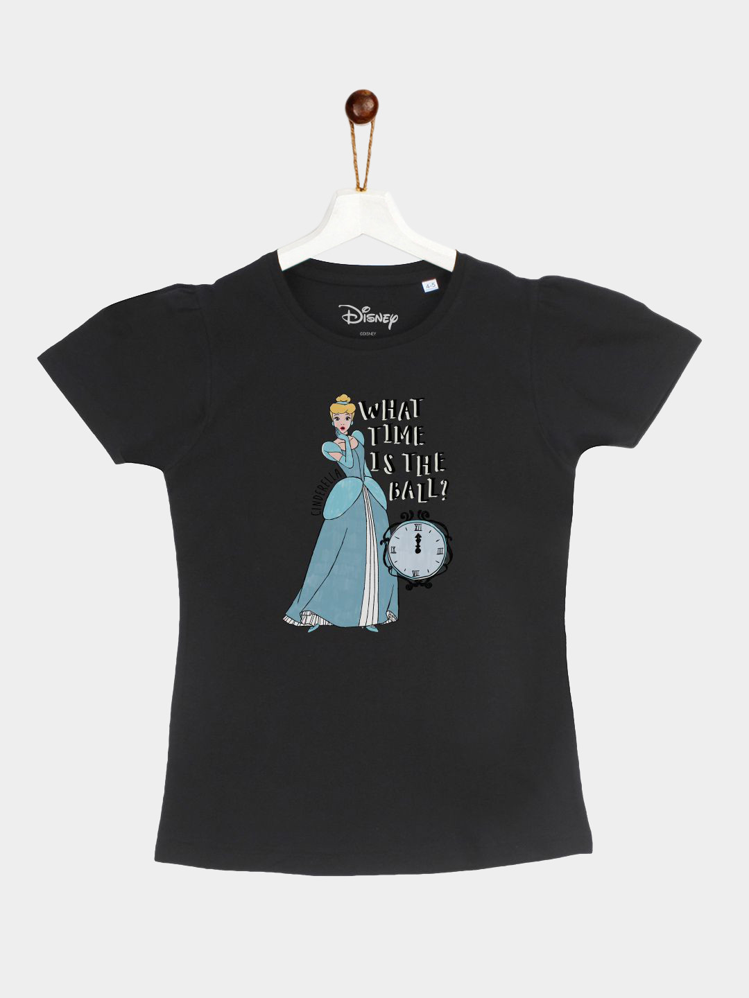 YK Disney Girls Black Princess Cinderella Printed Round Neck T-shirt