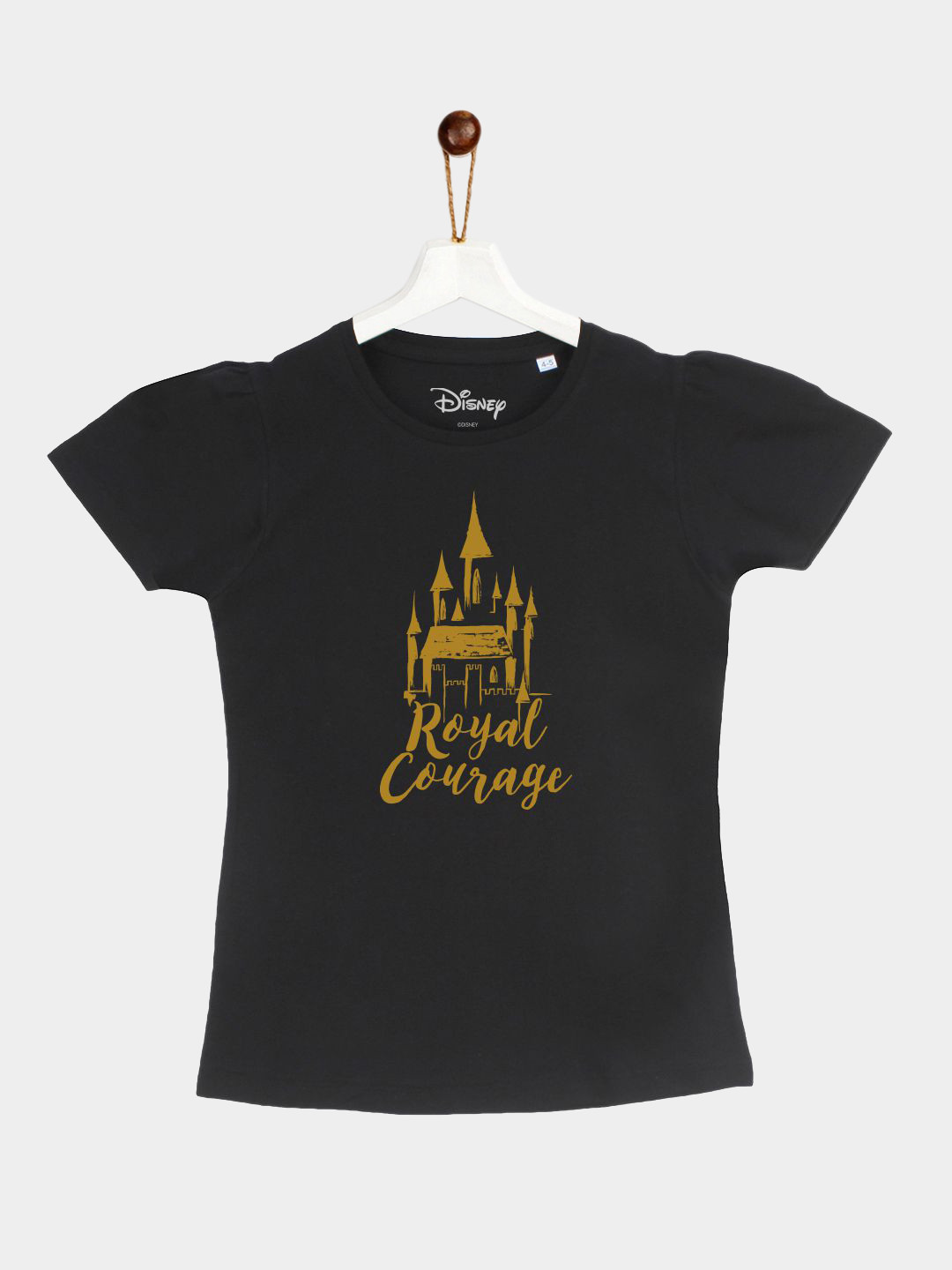 YK Disney Girls Black Disney Princess Print Round Neck T-shirt