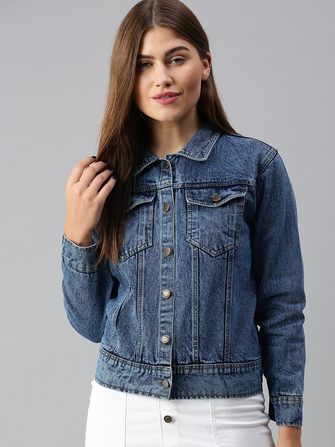 VOXATI Women Blue Solid Denim Jacket