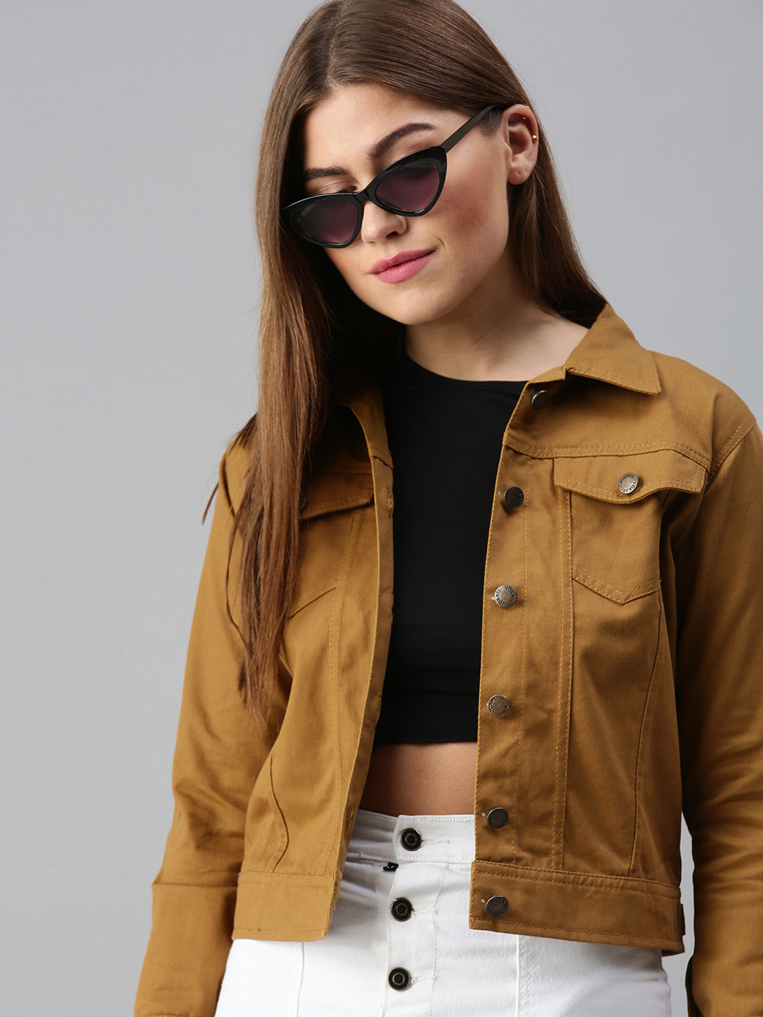 VOXATI Women Khaki Solid Denim Jacket