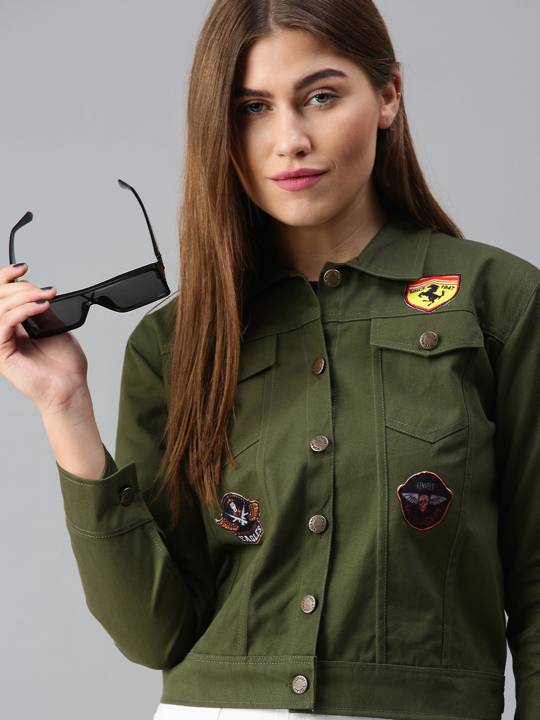 VOXATI Women Olive Solid Denim Jacket with Appliques