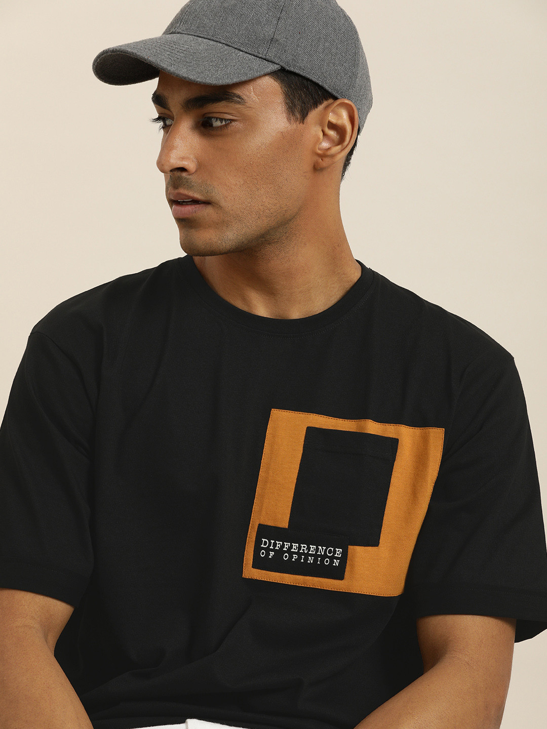 Difference of Opinion Men Black Brand Logo Pure Cotton Loose Fit Applique Pure Cotton T-shirt
