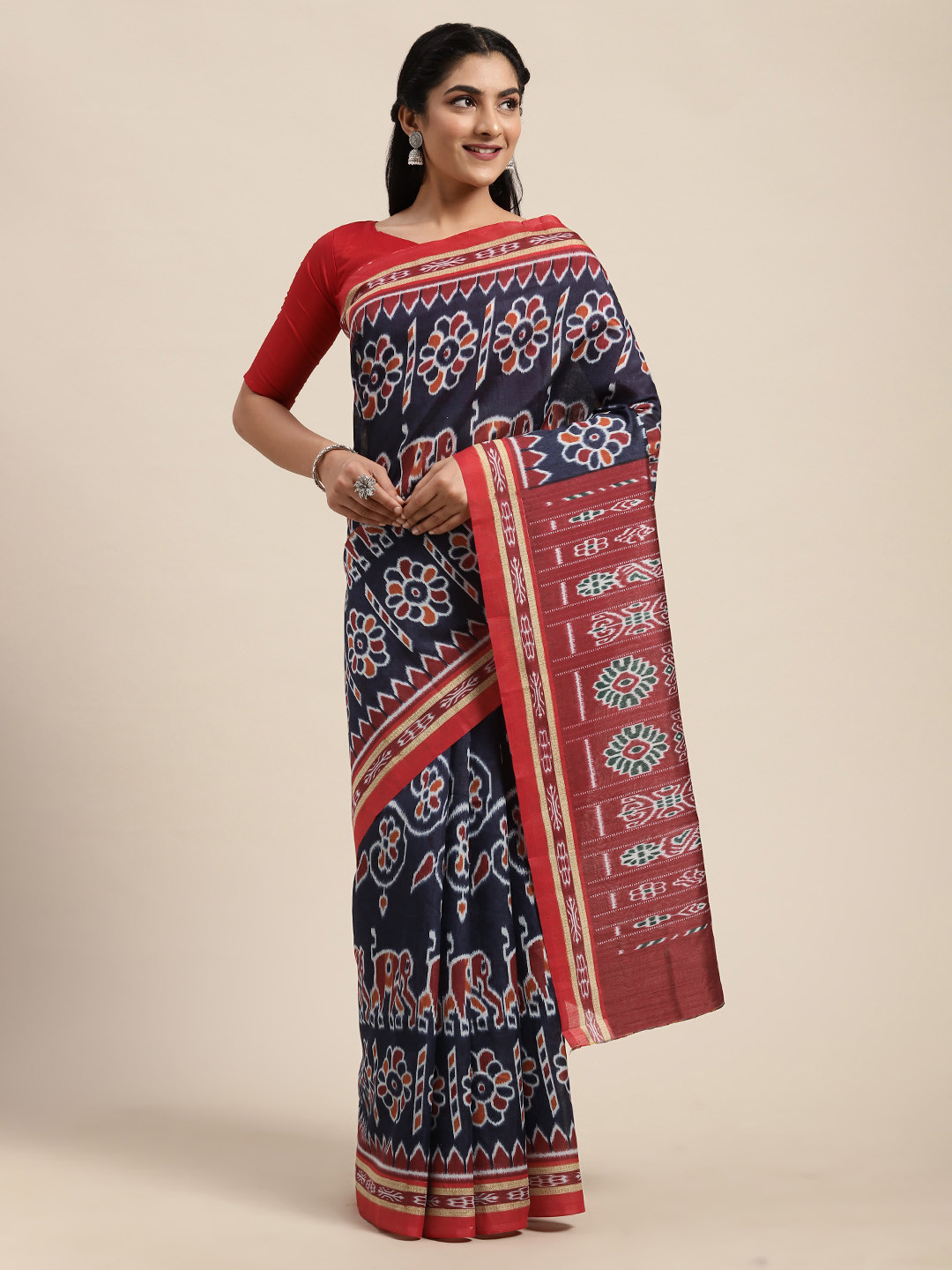 Saree mall Navy Blue & Maroon Printed Block Print Saree