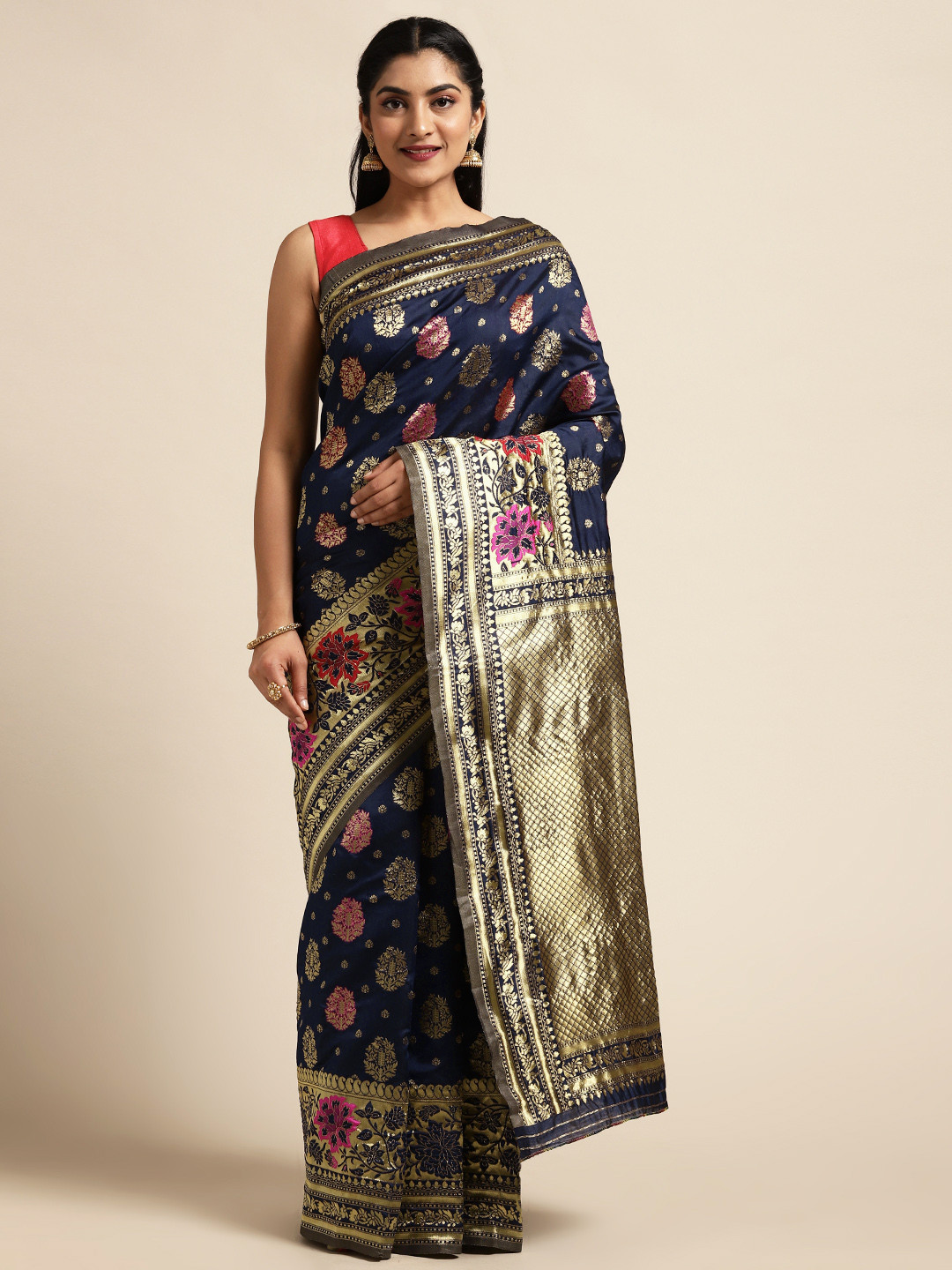 Saree mall Navy Blue & Gold-Toned Silk Blend Woven Design Banarasi Saree