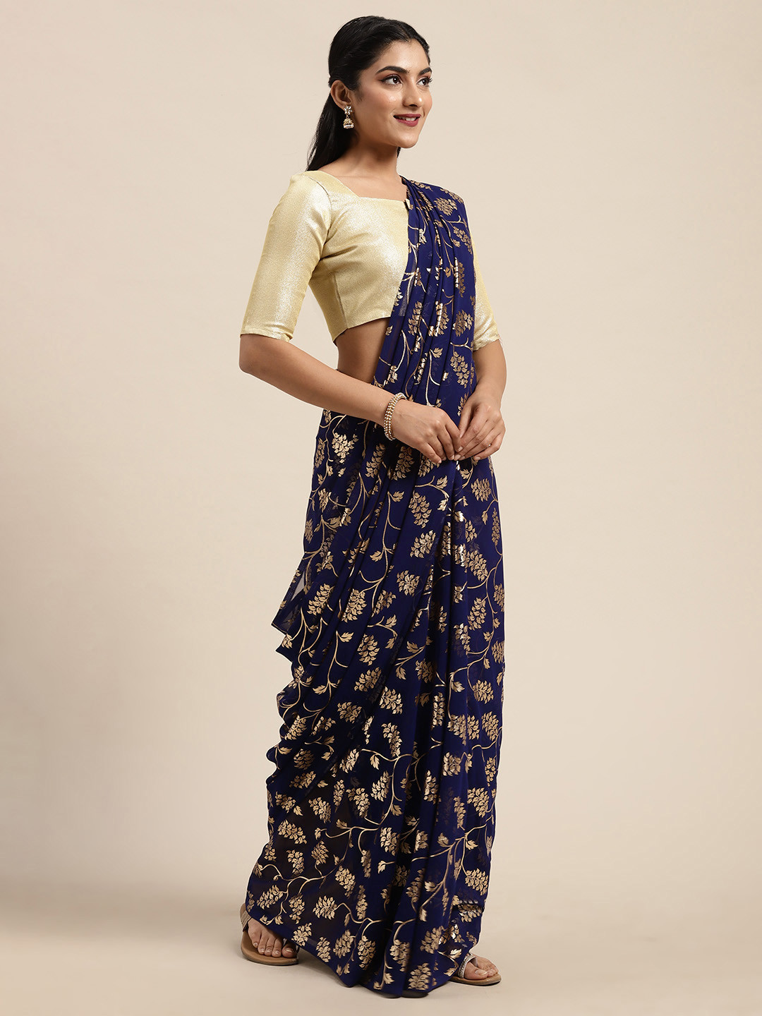 Saree mall Navy Blue Gold-Toned Poly Georgette Printed Saree