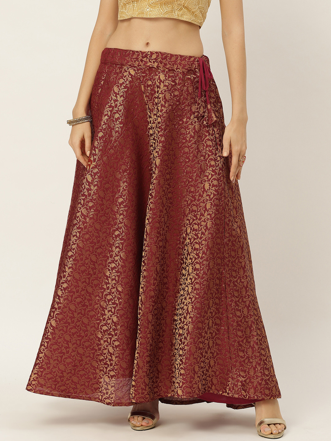 Studio Shringaar Women Maroon & Golden Banaras Brocade Self Design Lehenga Skirt