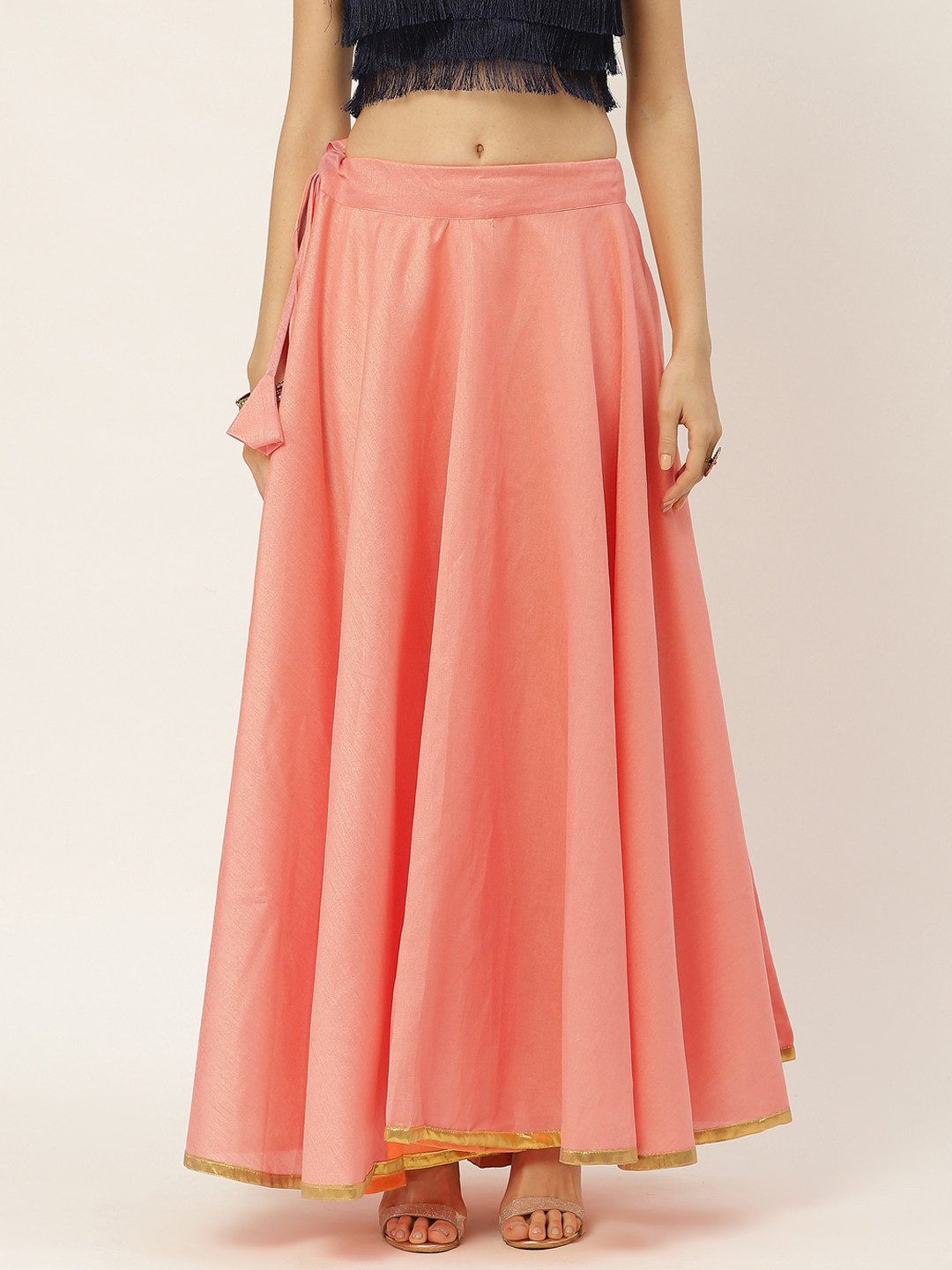 Studio Shringaar Women Pink Solid Full Flare Double Ghera Lehenga Skirt