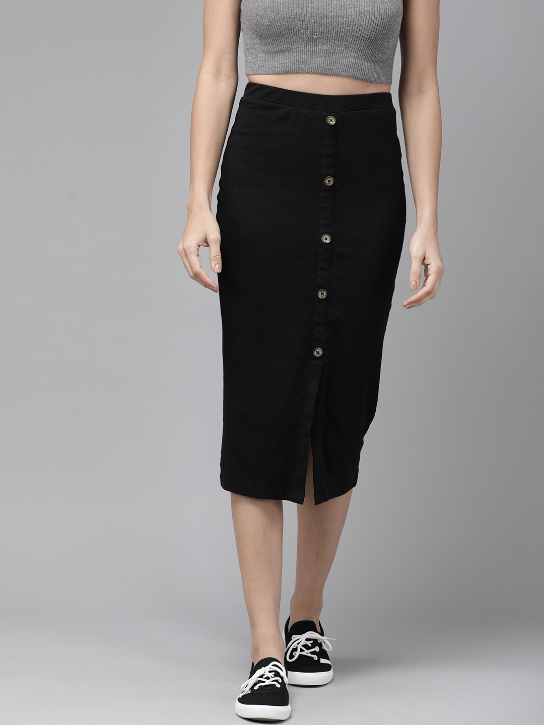 Roadster Black Ribbed Pencil Midi Skirt