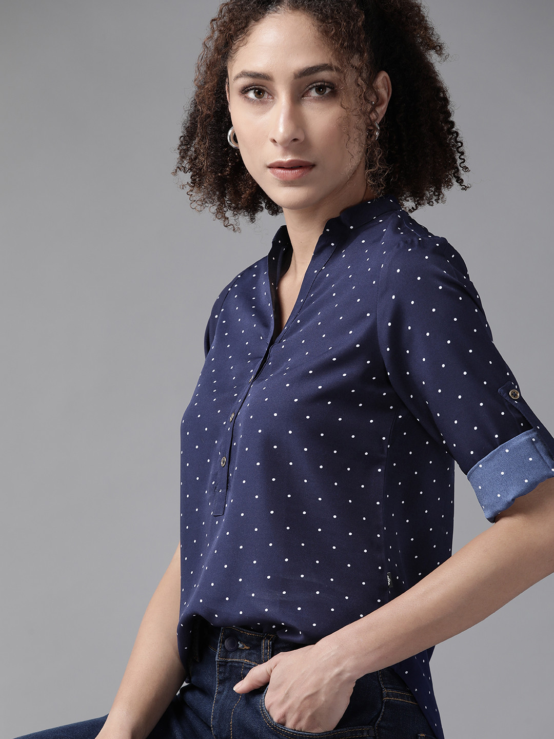 Roadster Navy Blue & Off White Geometric Mandarin Collar Roll-Up Sleeves Shirt Style Top