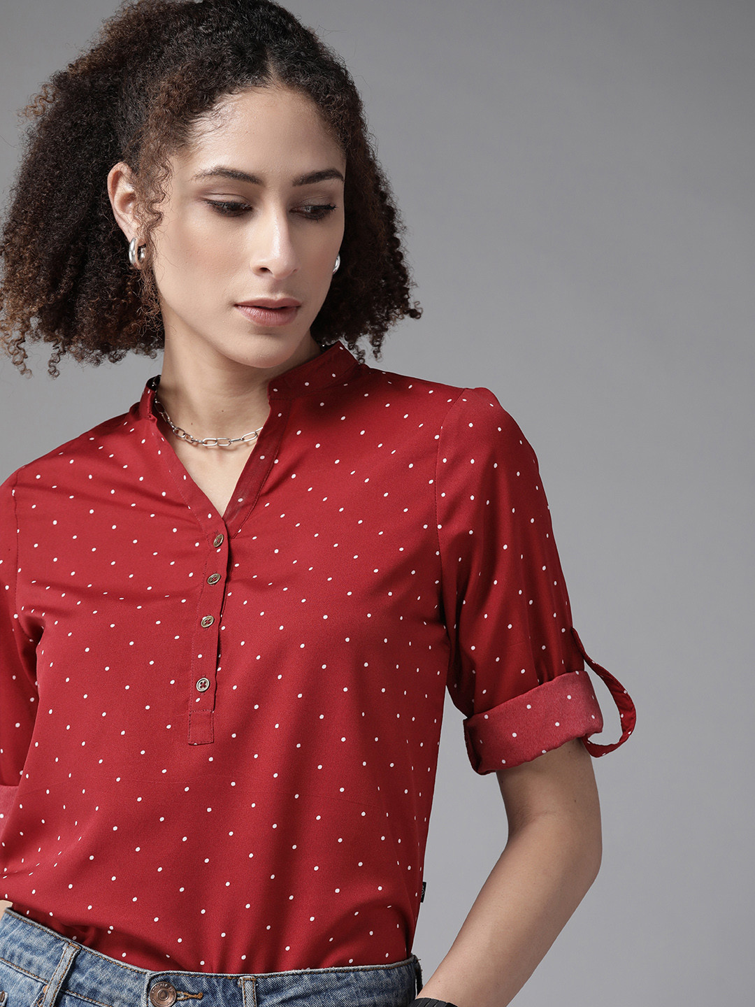 Roadster Red & Off White Geometric Mandarin Collar Roll-Up Sleeves Shirt Style Top