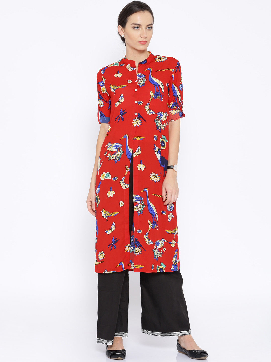 Vishudh Red Printed Polyester Kurta
