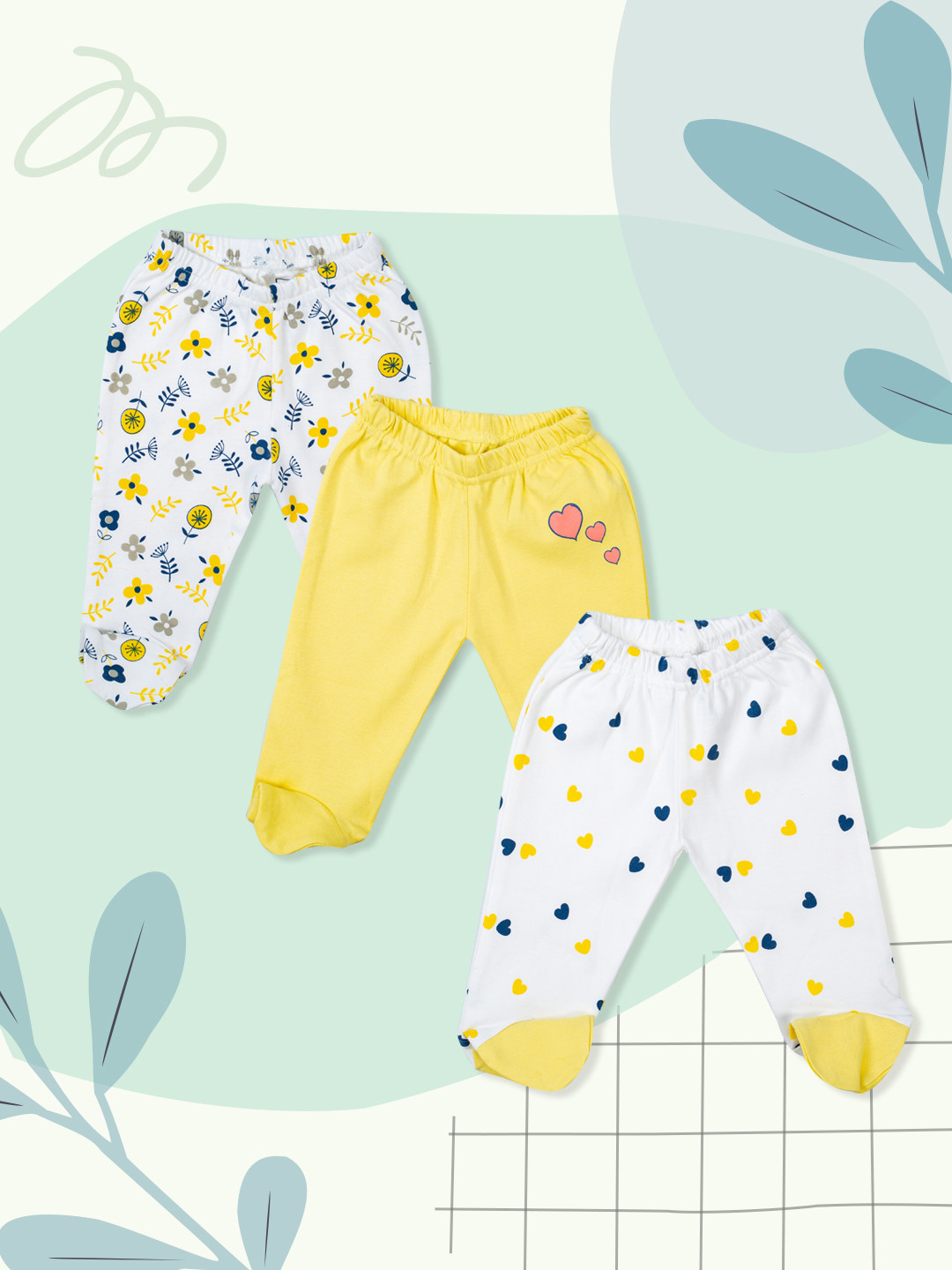 MeeMee Girls Pack of 3 White & Yellow Printed Cotton Leggings