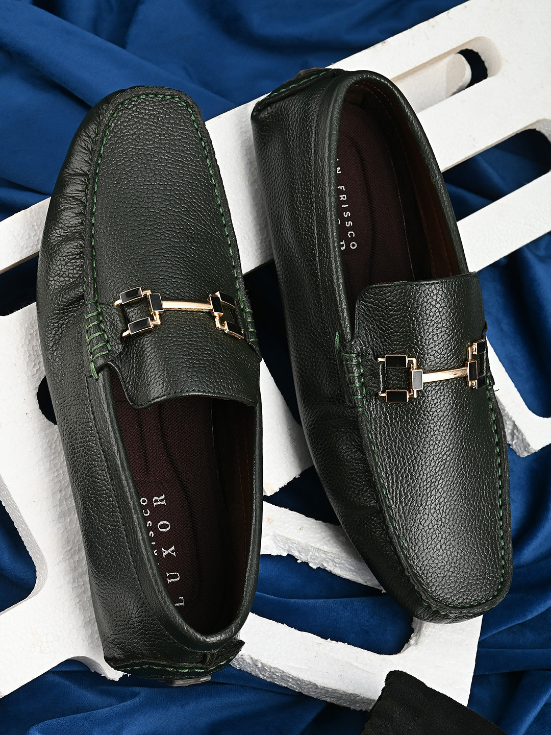 San Frissco Men Green Solid Leather Driving Shoes