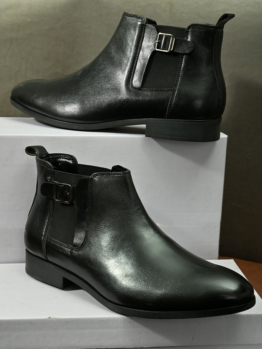 San Frissco Men Black Textured PU Slip-On Flat Boots