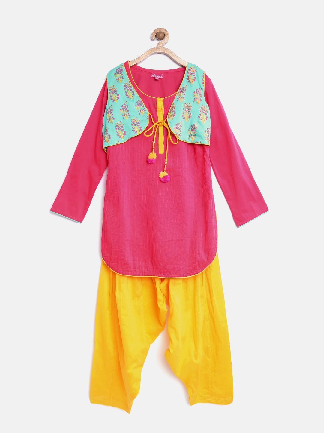 Buy BIBA Girls Pink Yellow Printed Salwar Suit With Jacket Kurta