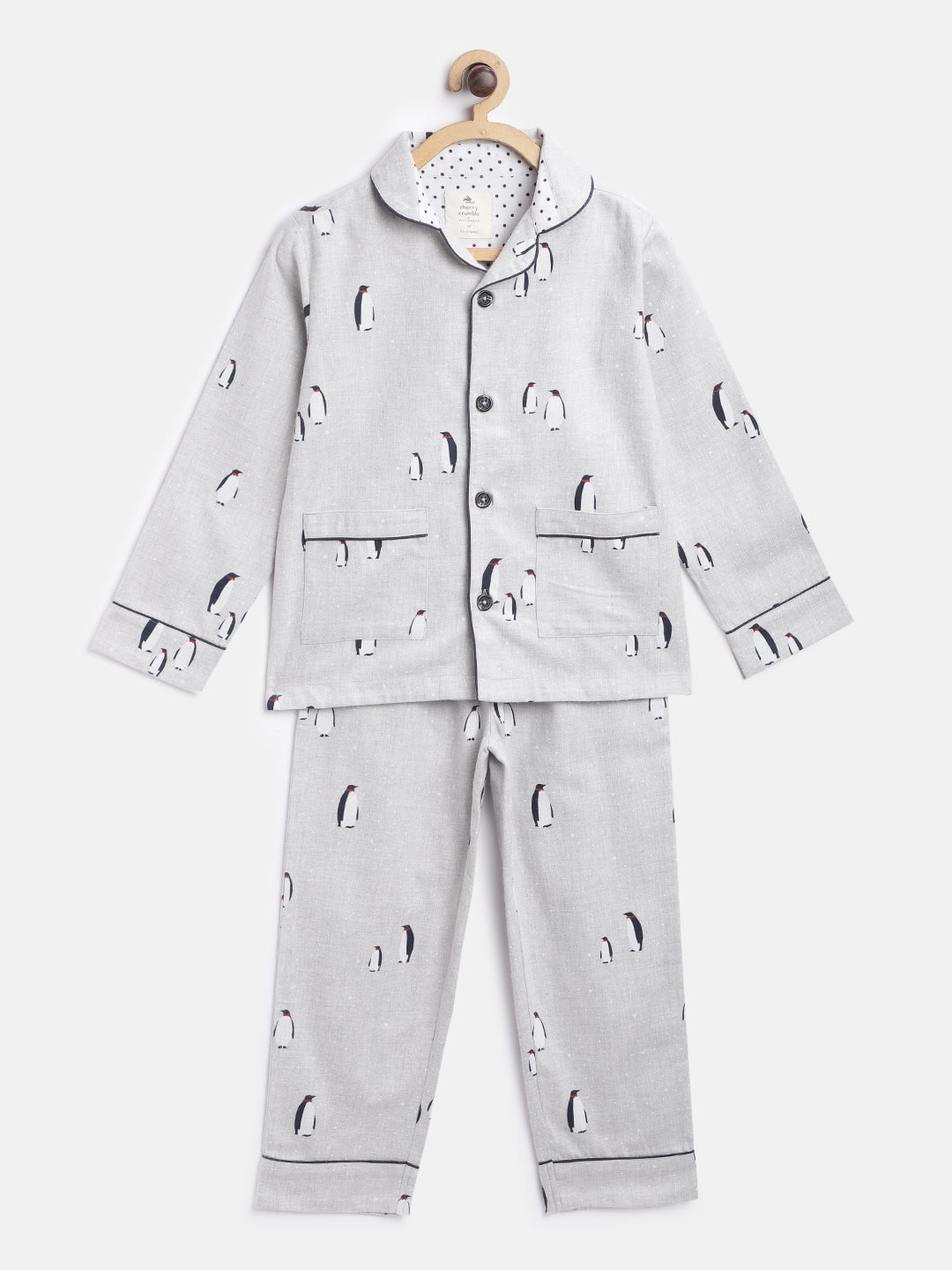 Cherry Crumble Kids Grey Melange & White Penguin Print Night Suit