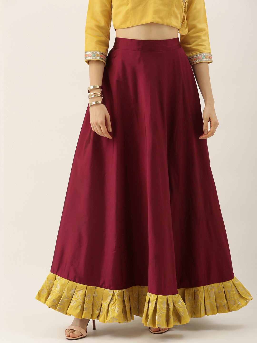 Ethnovog Women Made To Measure Maroon Solid Taffeta A-Line Maxi Skirt