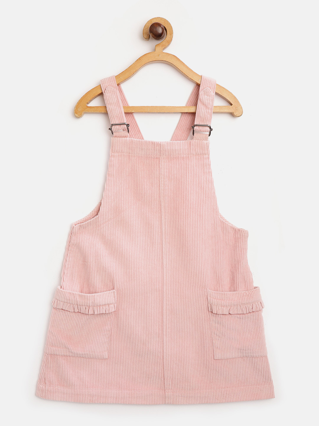 Cherry Crumble Girls Pink Self Striped Pure Cotton Corduroy Pinafore Dress