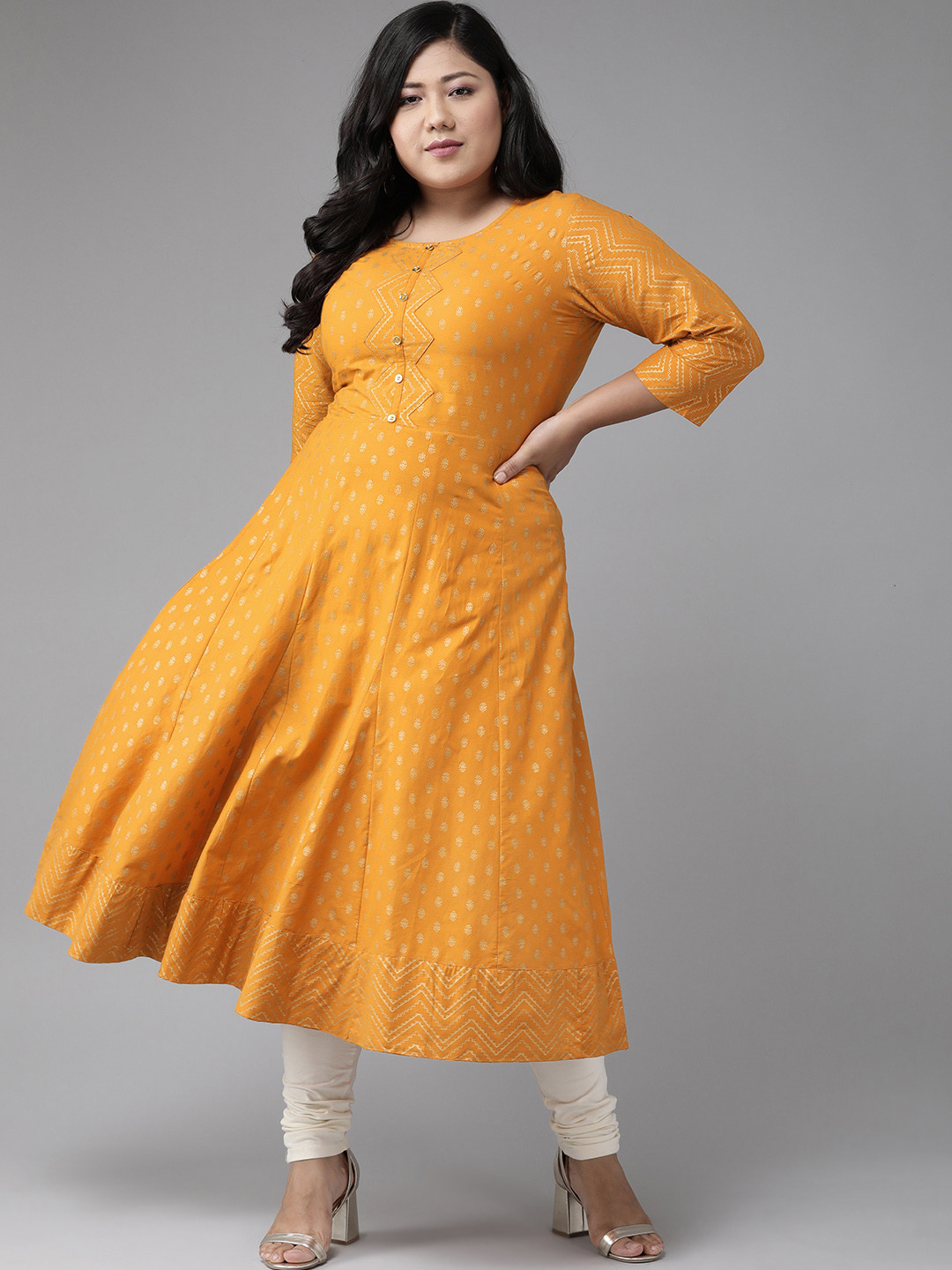 YASH GALLERY Women Plus Size Mustard Brown & Golden Motifs Print Panelled Anarkali Kurta