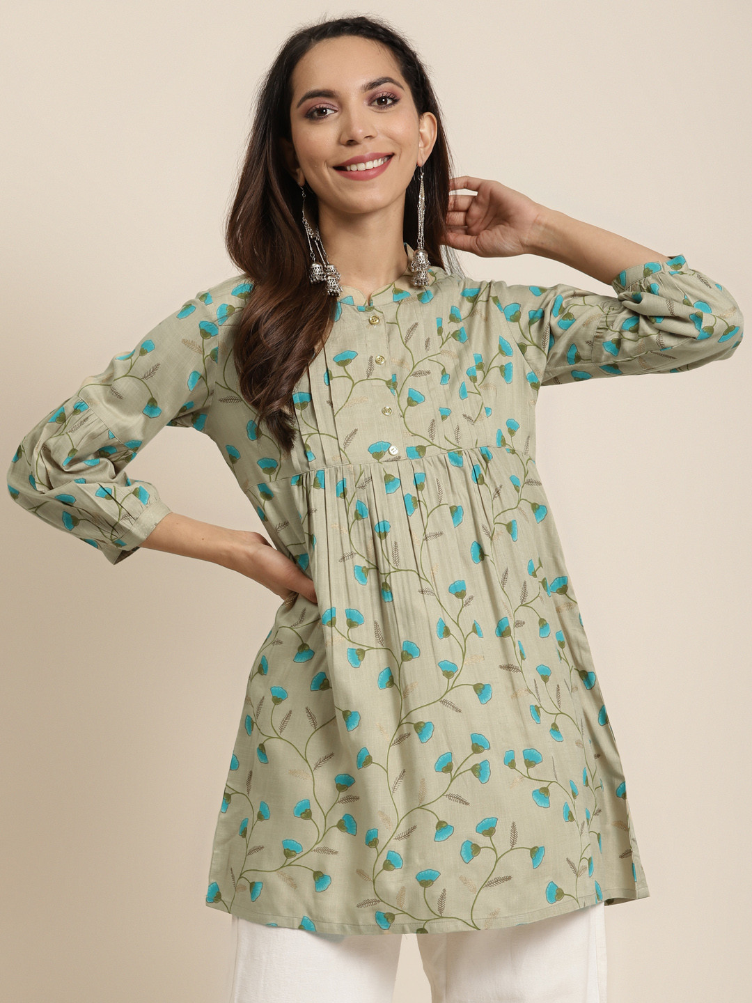 YASH GALLERY Women Beige & Blue Printed Pleated A-Line Kurti
