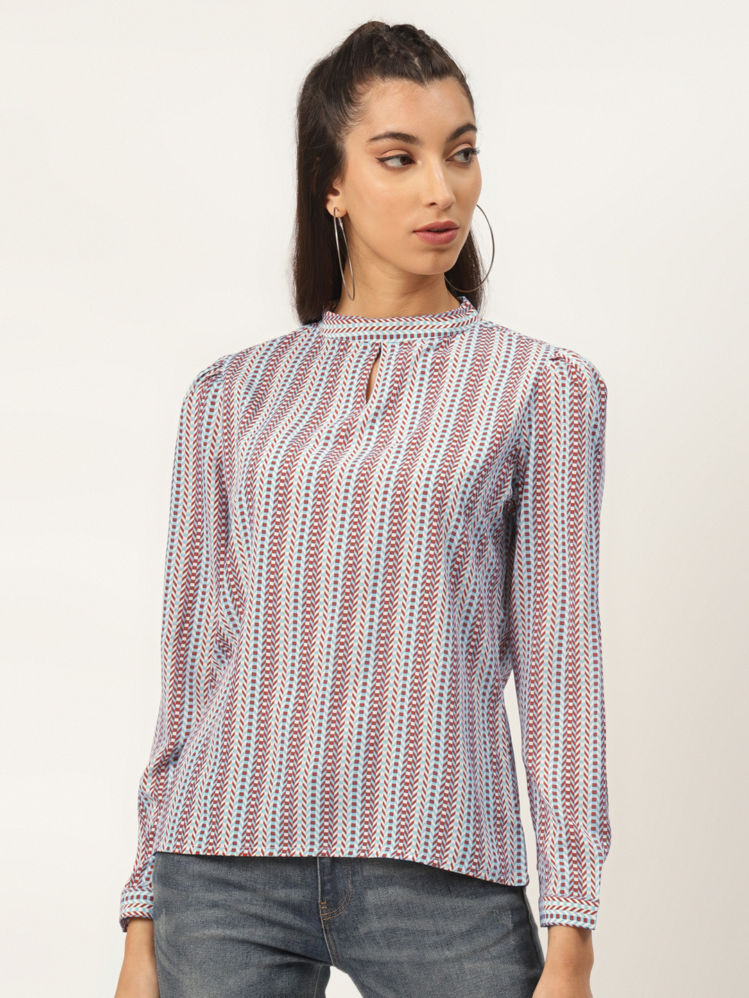 Oner Red & Blue Geometric Printed Keyhole Neck Regular Top