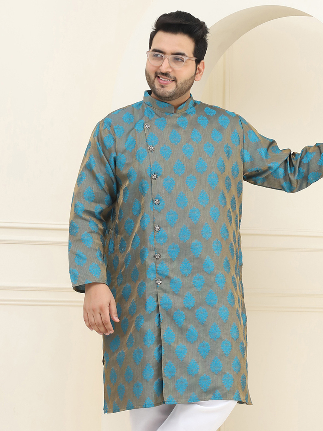 SOJANYA PLUS Size Men Blue & Copper Woven Design Indie Prints Jacquard Kurta