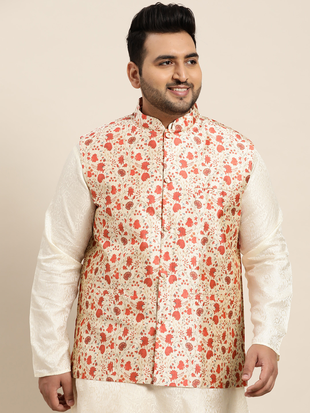 SOJANYA PLUS Men Off White & Red Ethnic Motifs Print Silk Blend Nehru Jacket