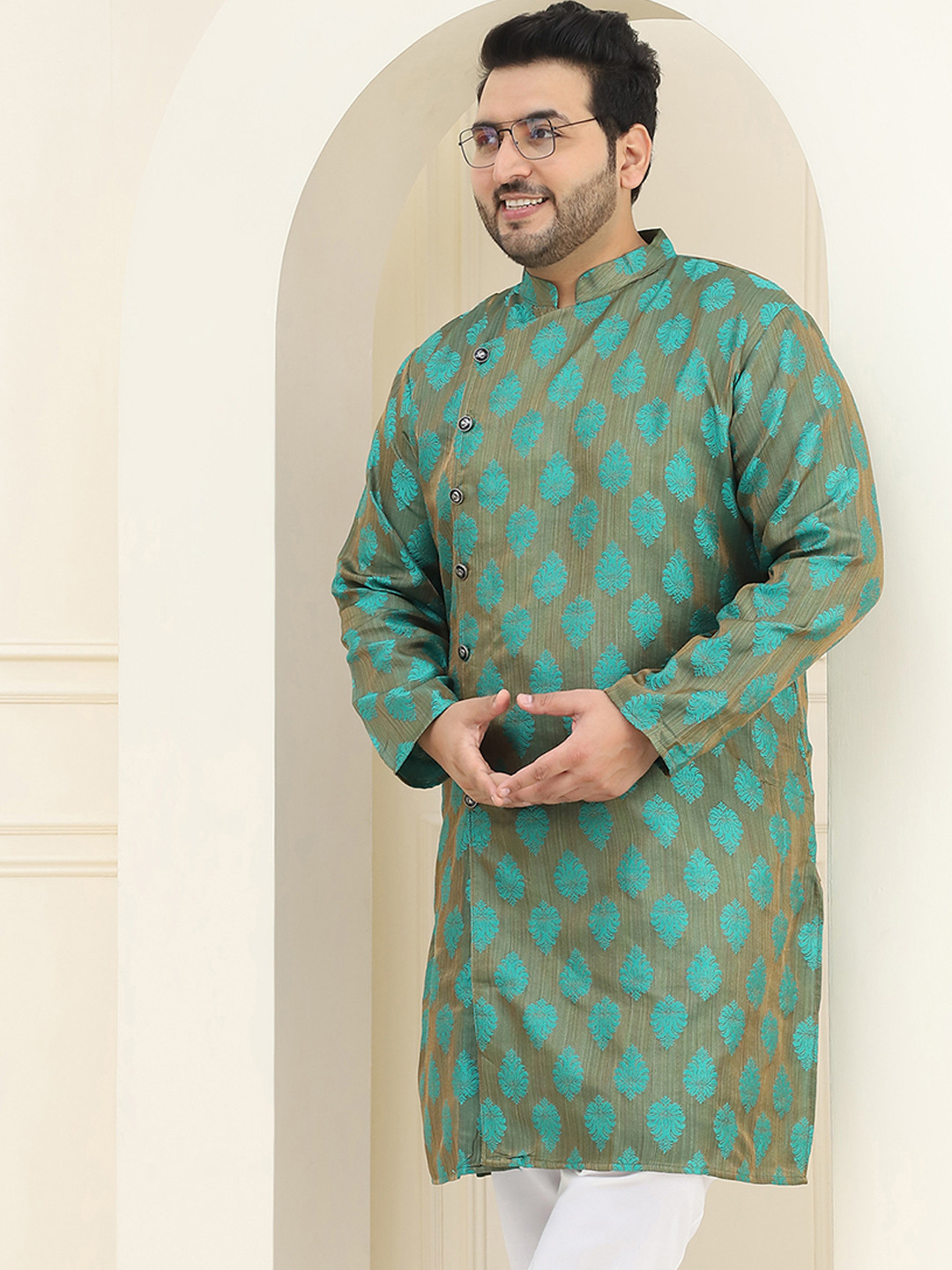 SOJANYA PLUS Size Men Green & Copper Woven Design Indie Prints Jacquard Kurta