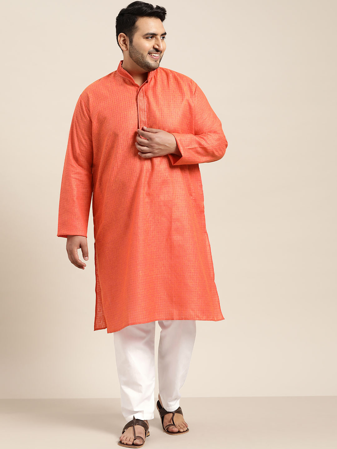 SOJANYA PLUS Size Men Coral Orange & Yellow Checked Pure Cotton Kurta with Pyjamas