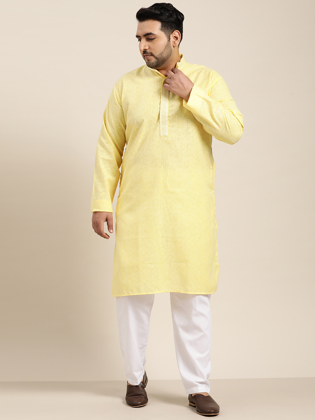 SOJANYA PLUS Size Men Solid Yellow Pure Cotton Kurta with Churidar