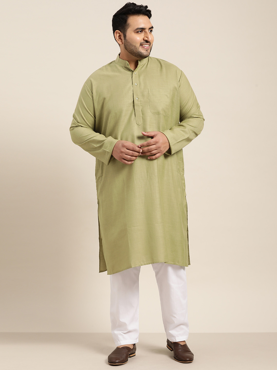 SOJANYA PLUS Men Olive Green & White Pure Cotton Solid Kurta with Pyjamas