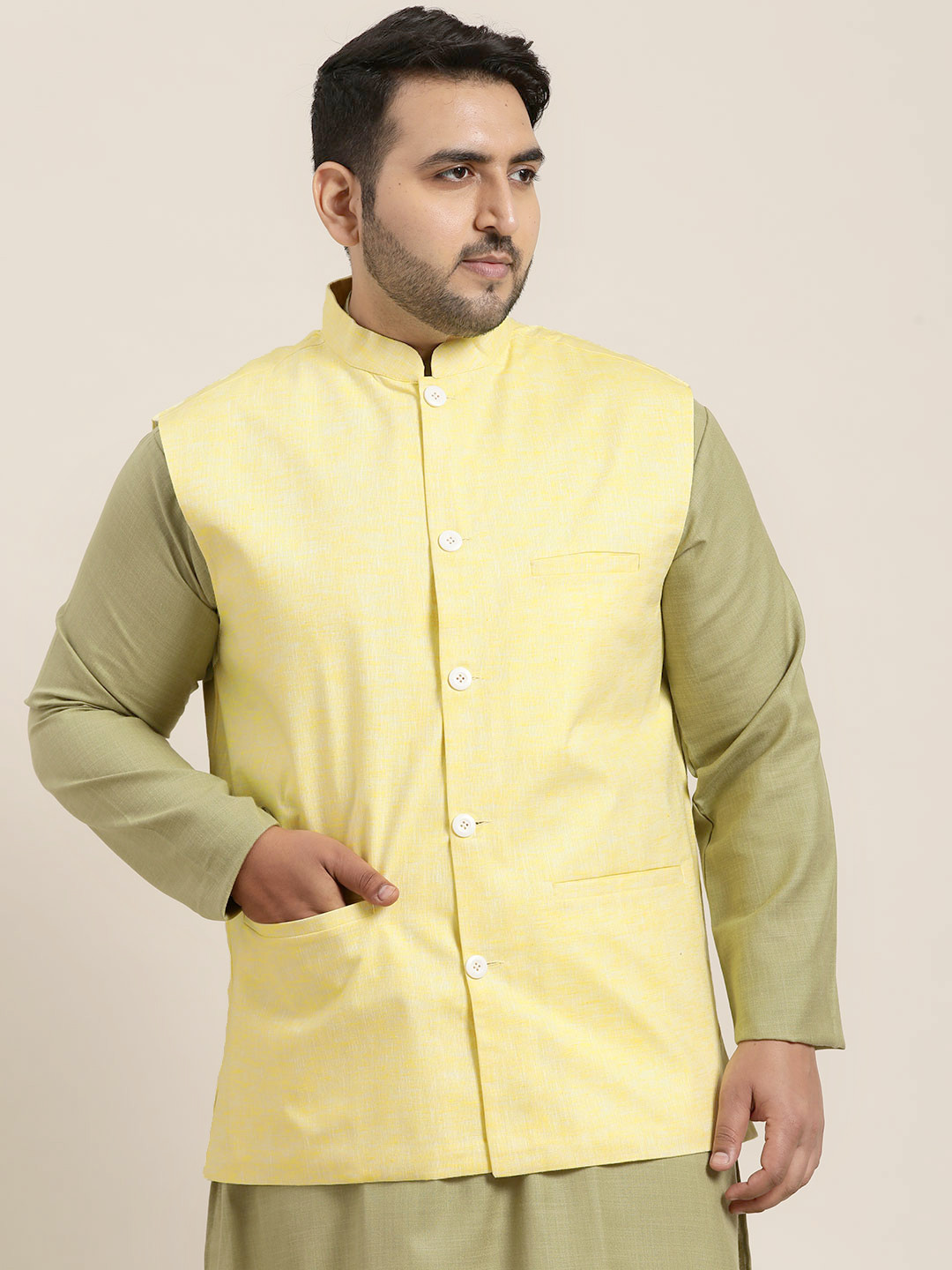 SOJANYA PLUS Men Plus Size Lemon Yellow Woven-Design Nehru Jacket