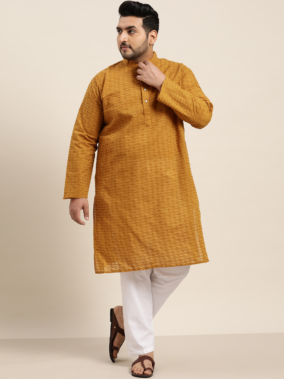 SOJANYA PLUS Men Mustard Yellow & White Embroidered Chikankari Pure Cotton Kurta Set