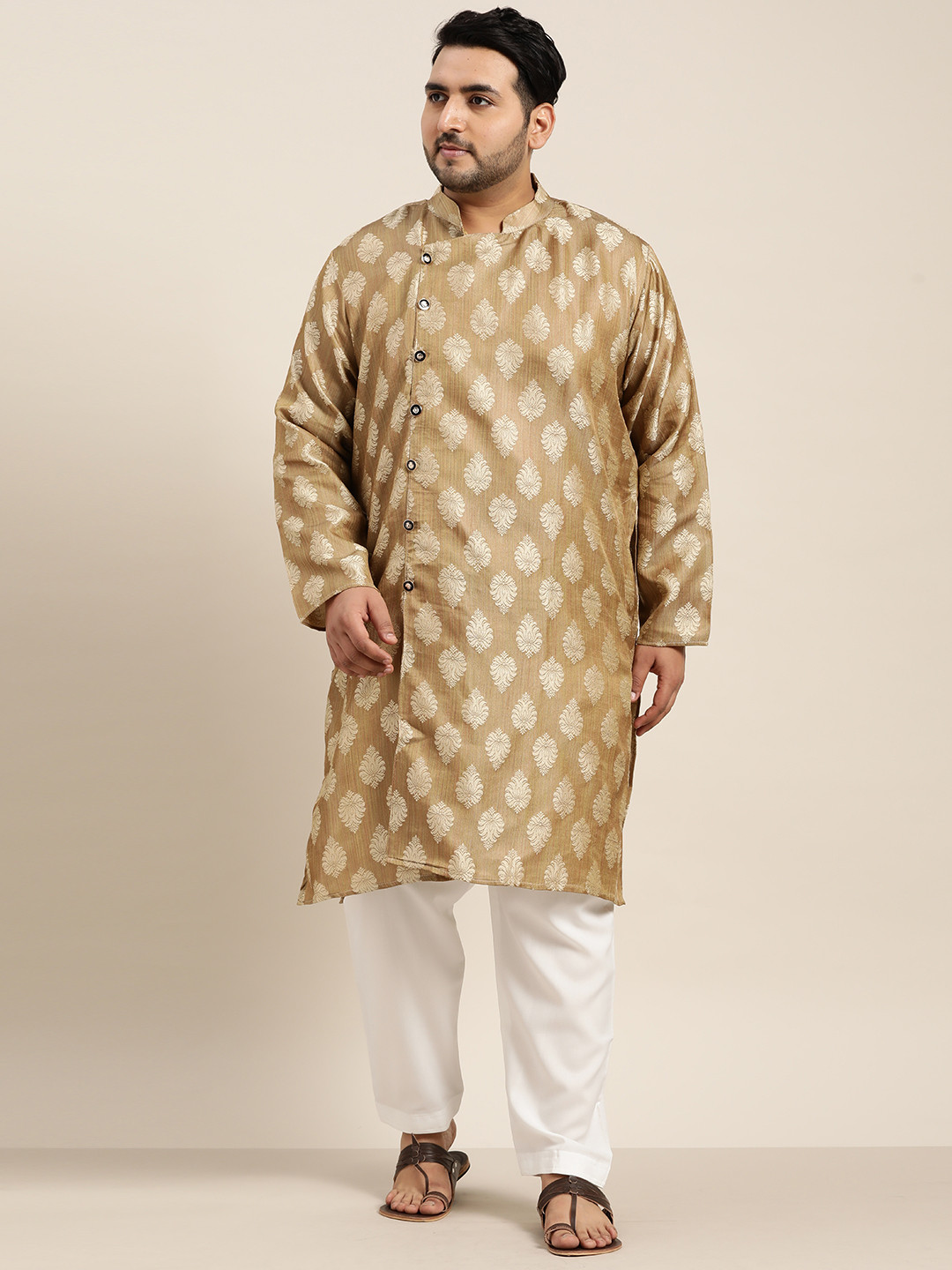 SOJANYA PLUS Men Olive Brown & Beige Motifs Angrakha Jacquard Kurta with Pyjama