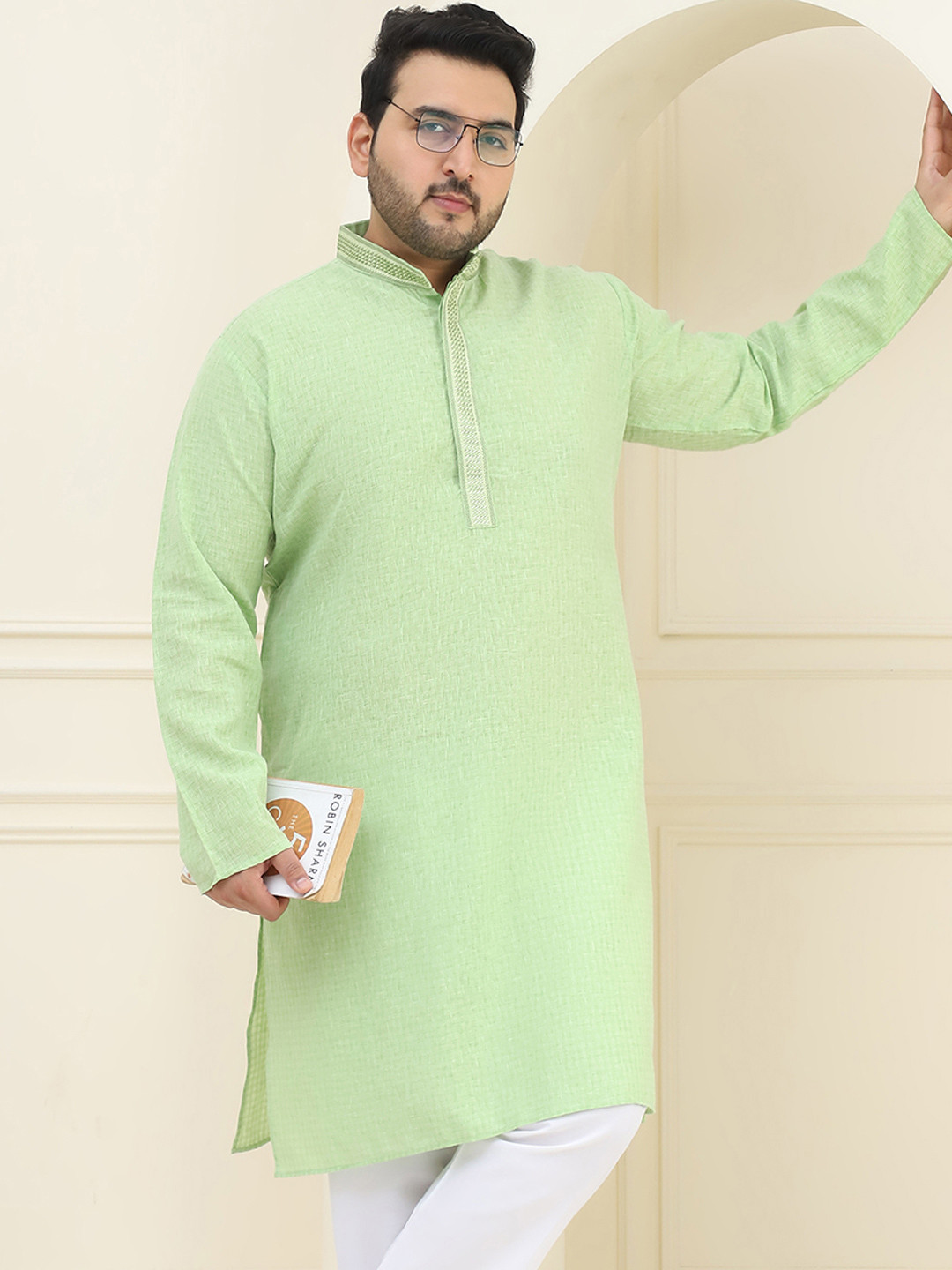 SOJANYA PLUS Size Men Green Solid Pastels Pure Cotton Kurta