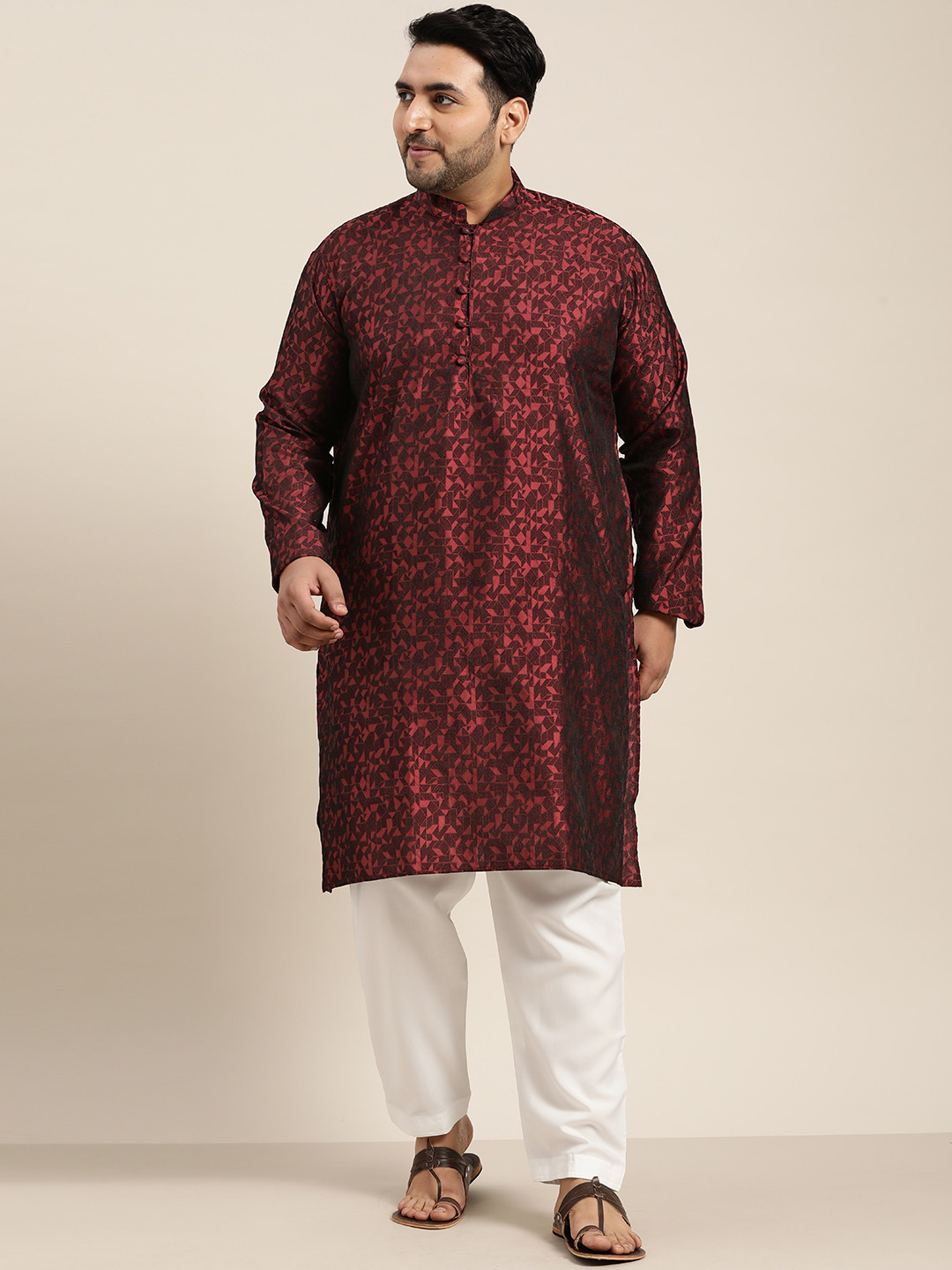 SOJANYA PLUS Men Maroon & White Angrakha Kurta with Pyjama