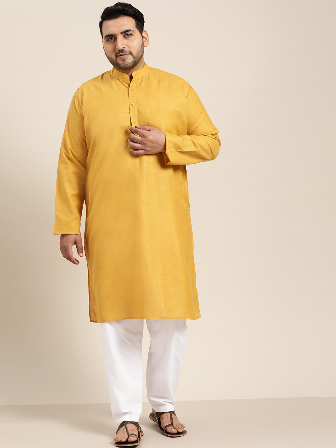 SOJANYA PLUS Men Mustard Yellow Pure Cotton Kurta with Pyjama
