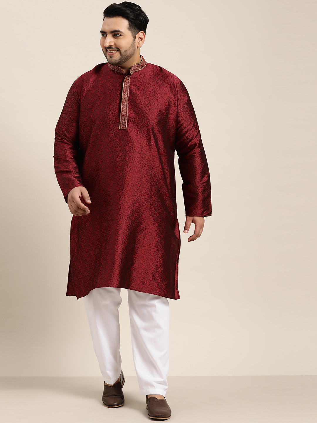 SOJANYA PLUS Size Men Maroon Ethnic Motifs Woven Design Kurta with Pyjama