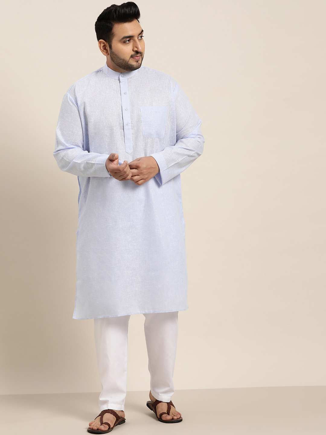 SOJANYA PLUS Men Blue & White Solid Kurta with Pyjama