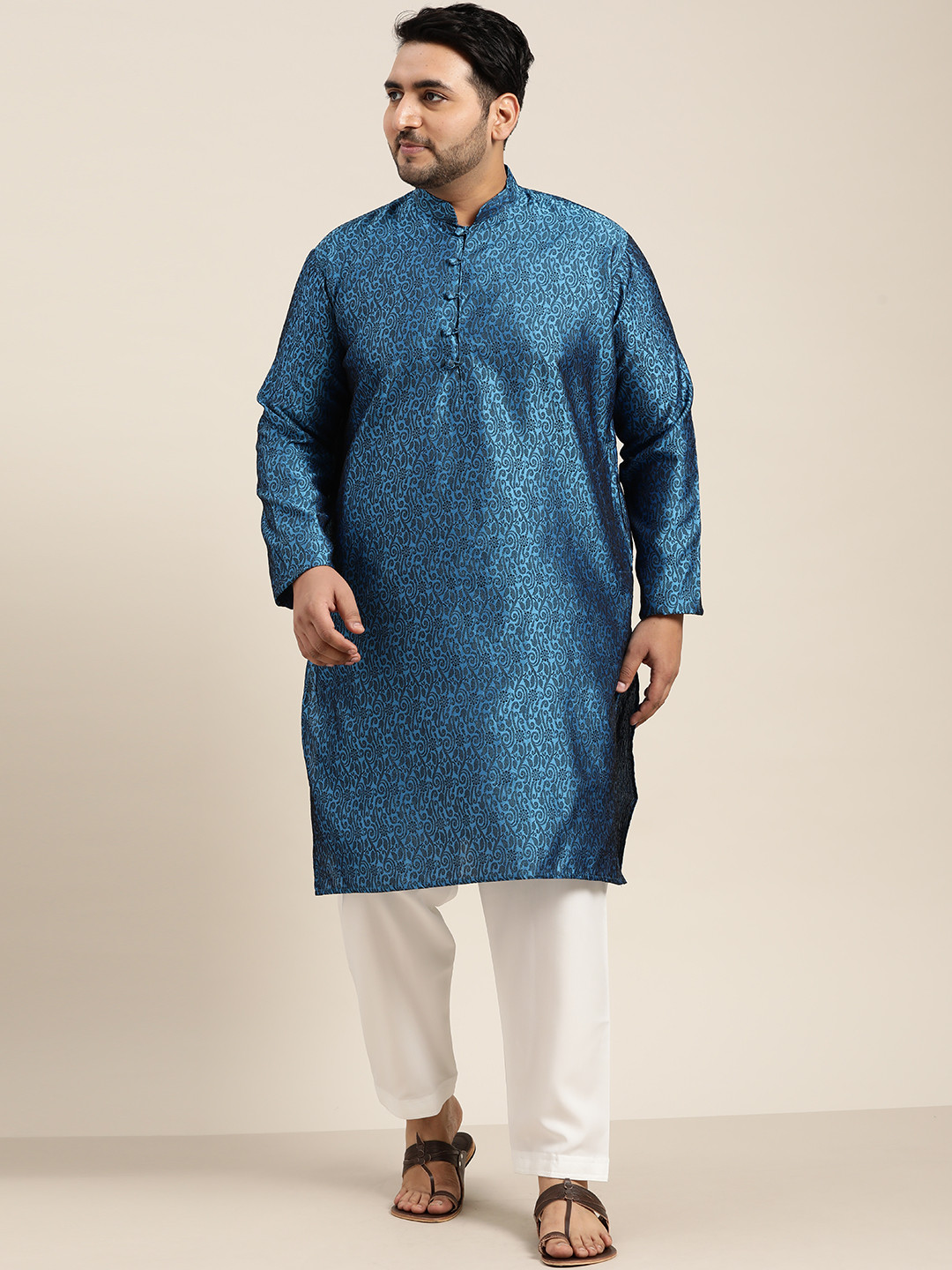 SOJANYA PLUS Men Teal Blue Straight Kurta with Churidar