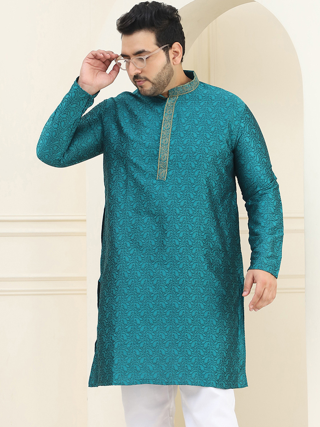 SOJANYA PLUS Men Teal Green Ethnic Motifs Embroidered Thread Work Kurta