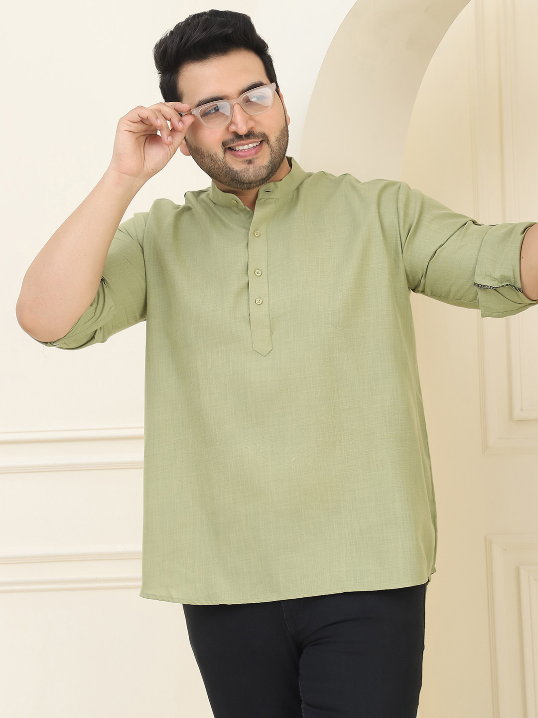 SOJANYA PLUS Size Men Green Solid Pastels Pure Cotton Kurta