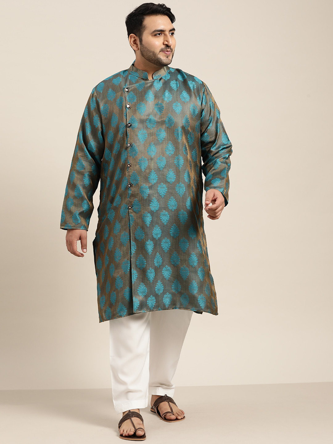 SOJANYA PLUS Men Olive Brown & Blue Ethnic Motifs Jacquard Angrakha Kurta with Pyjama