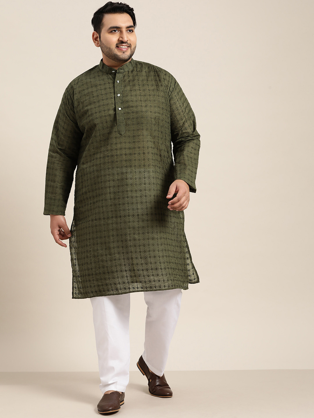 SOJANYA PLUS Size Men Olive Green Embroidered Chikankari Pure Cotton Kurta with Pyjama