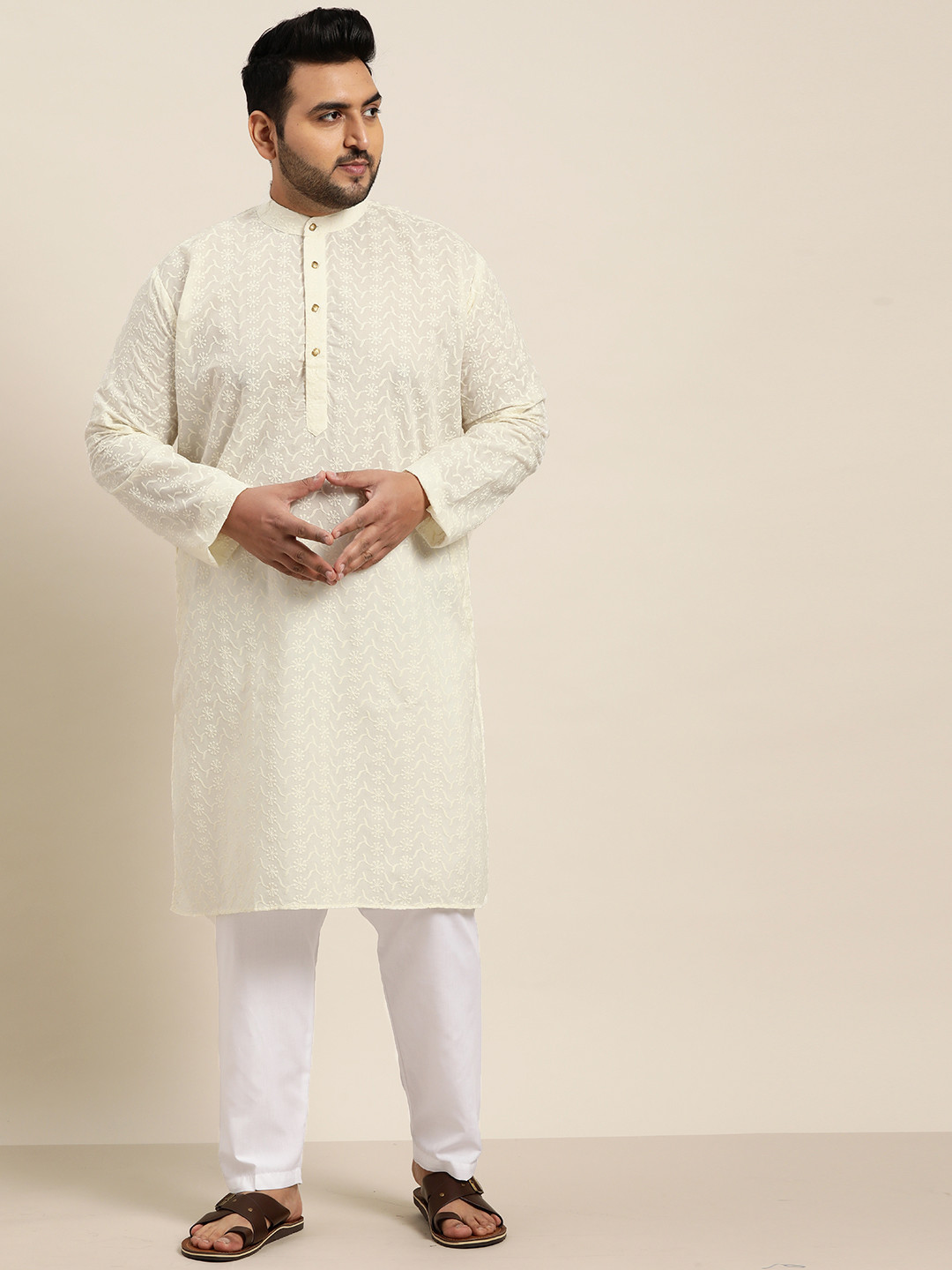 SOJANYA PLUS Men Cream-Coloured Ethnic Motifs Embroidered Chikankari Cotton Kurta Set