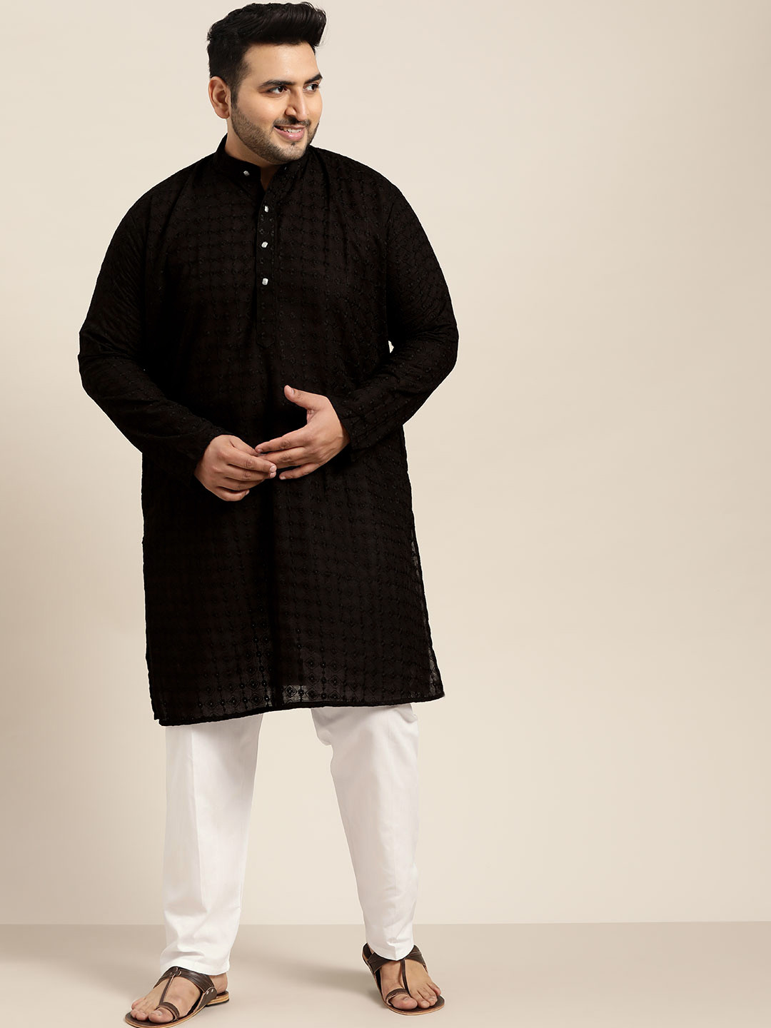 SOJANYA PLUS Men Plus Size Black Chikankari Embroidered Pure Cotton Kurta with Pyjamas